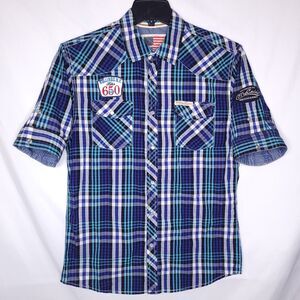 Rolling Papers Shirt Mens Medium Plaid Blue, White Pearl Snap Western